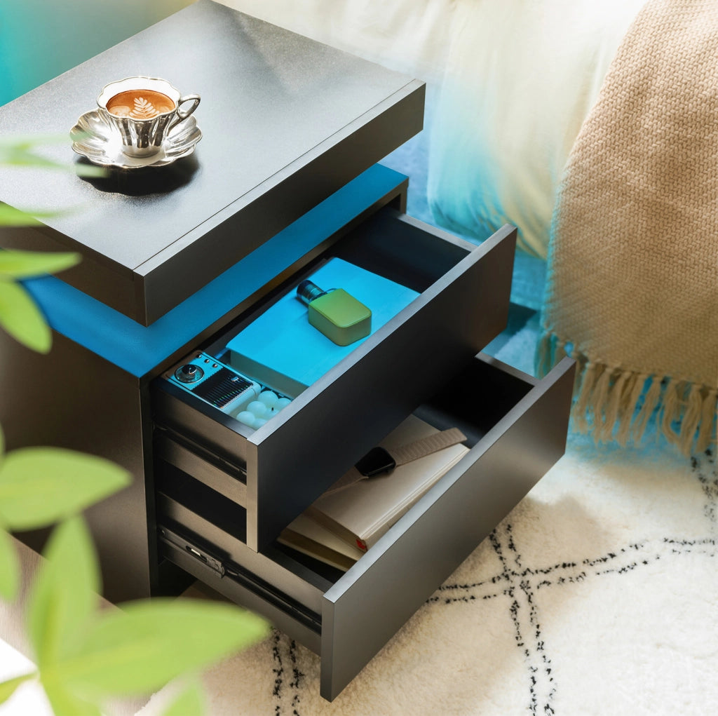 Comodino nero con luci LED regolabili e 2 cassetti