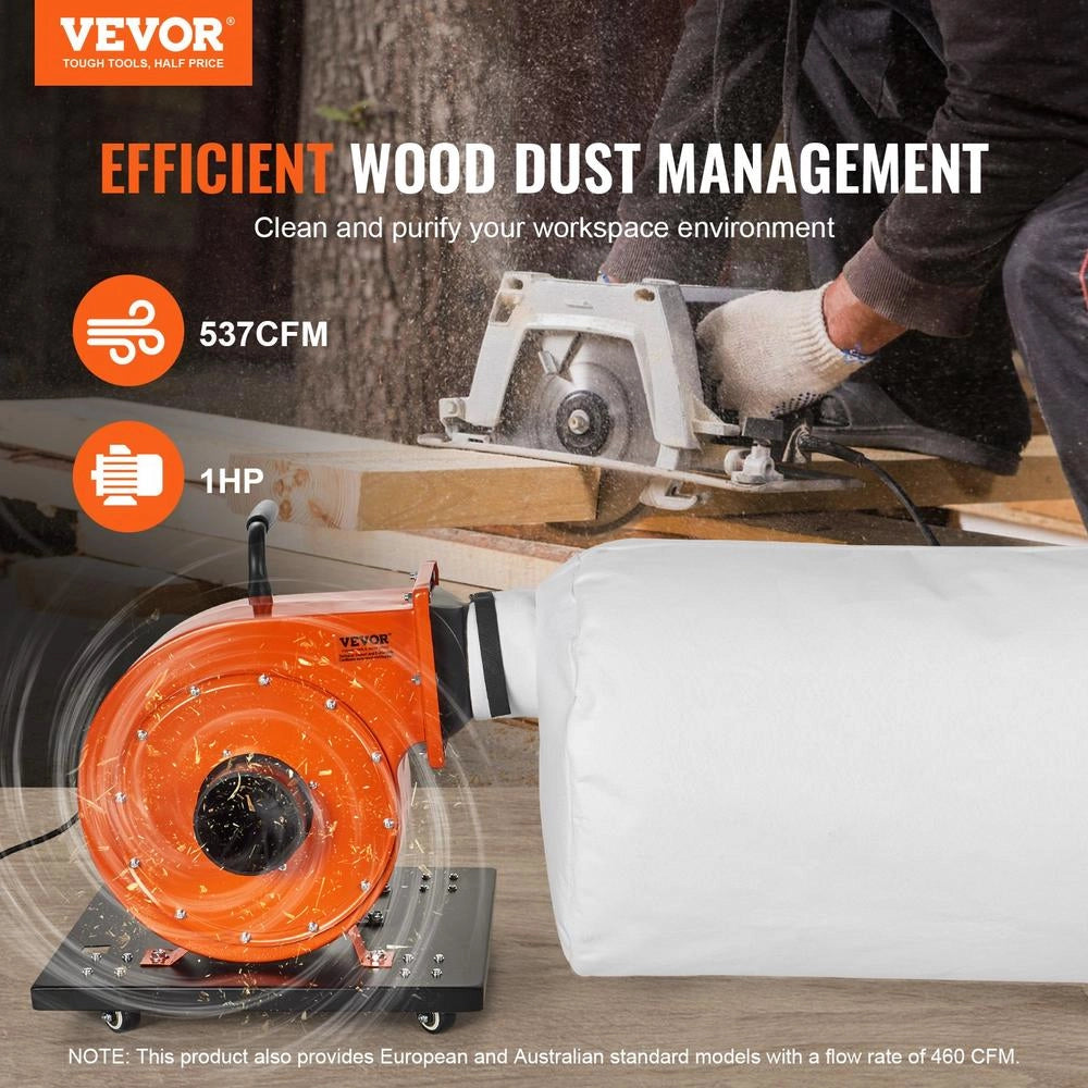 DC100M Aspiratore Polveri per Legno 1HP 460 CFM, Sistema di Aspirazione con Sacco da 80 L e Filtrazione 2,5 Micron per Officina Fai da Te
