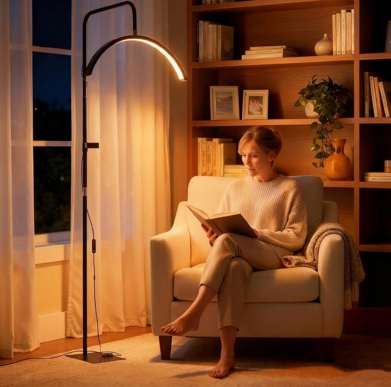 Lampada LED a mezzaluna IVMEU 36 W con supporto per smartphone, altezza regolabile 136¨C186 cm, nera