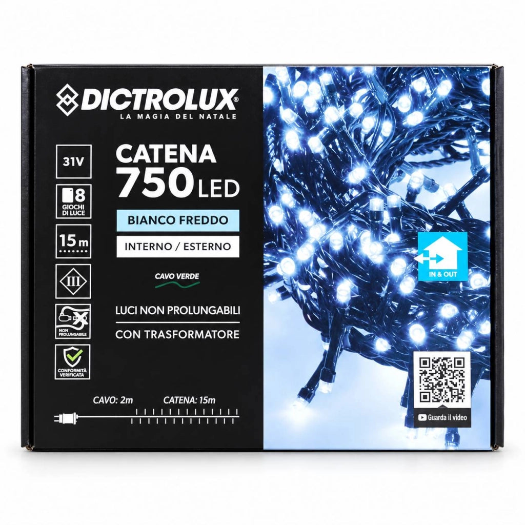 Luci Natalizie LED 750 LED Bianco Freddo per Esterno 15 Metri con Trasformatore
