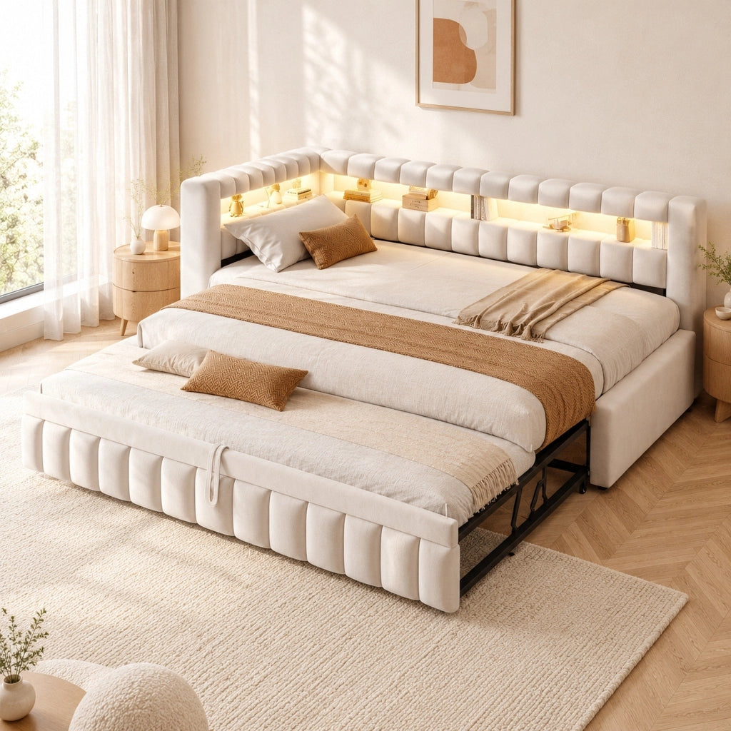 Divano letto estraibile 90x200 cm beige con LED, USB-C e 2 materassi