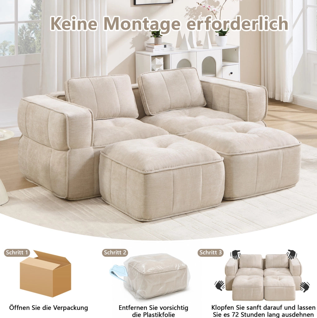 Divano modulare a due posti con pouf, seduta profonda e rivestimento beige
