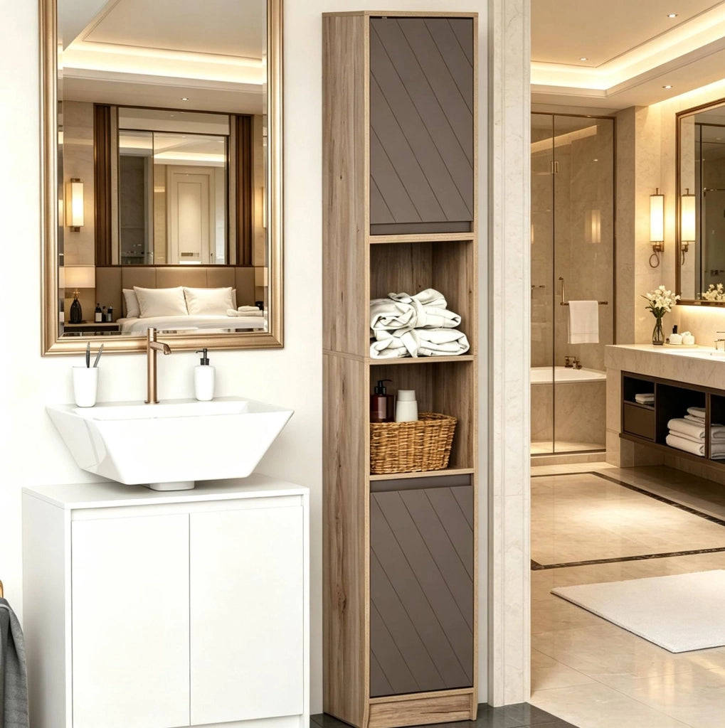 Mobile alto da bagno salvaspazio grigio e rovere, 30 x 24 x 170 cm