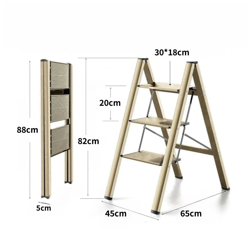 Scala pieghevole a 3 gradini in alluminio dorato, portata 150 kg