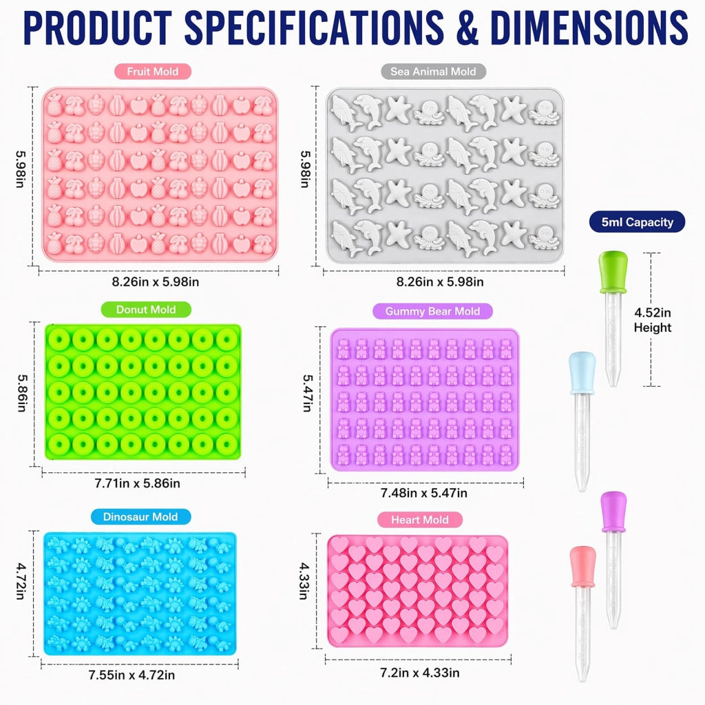 6 stampi in silicone con 4 pipette, a forma di orso, cuore e dinosauro