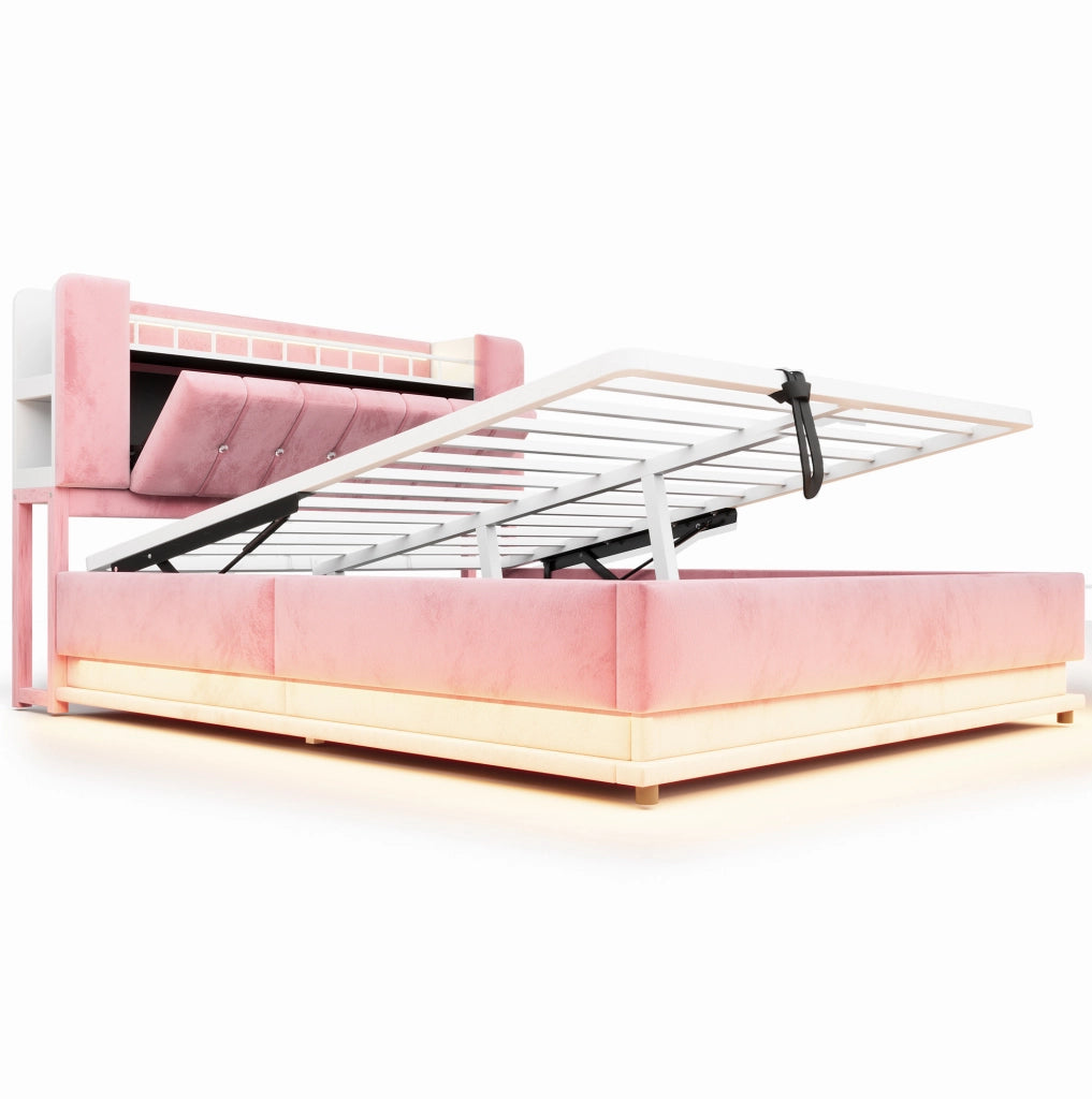 Letto matrimoniale imbottito rosa 160 x 200 cm con LED e vano contenitore