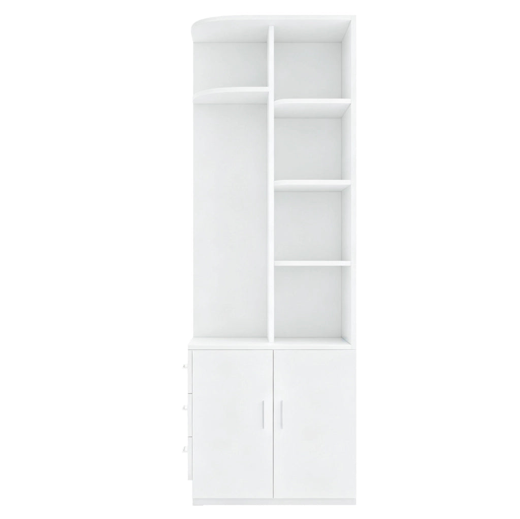 Armadio bianco e color legno con ripiani, appendiabiti e cassetti