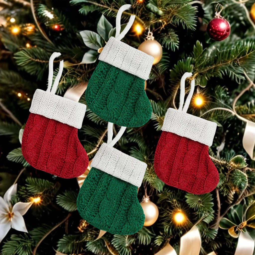 4 calzini natalizi in maglia, piccoli, rossi e verdi, sacchetto per posate, decorazione da appendere