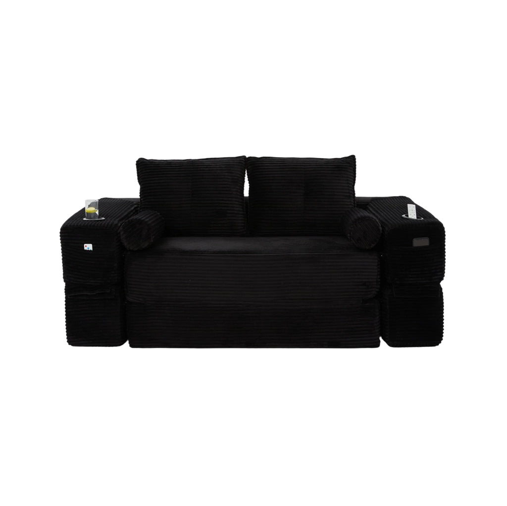 Divano Letto; trasformabile in letto; modulare; in velluto a coste nero; 180x98x80 cm con tasche laterali e portabicchieri