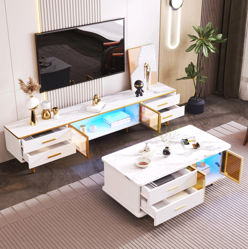 Set mobile TV 170 cm e tavolino 100 cm con LED multicolore; vetro e truciolare bianco
