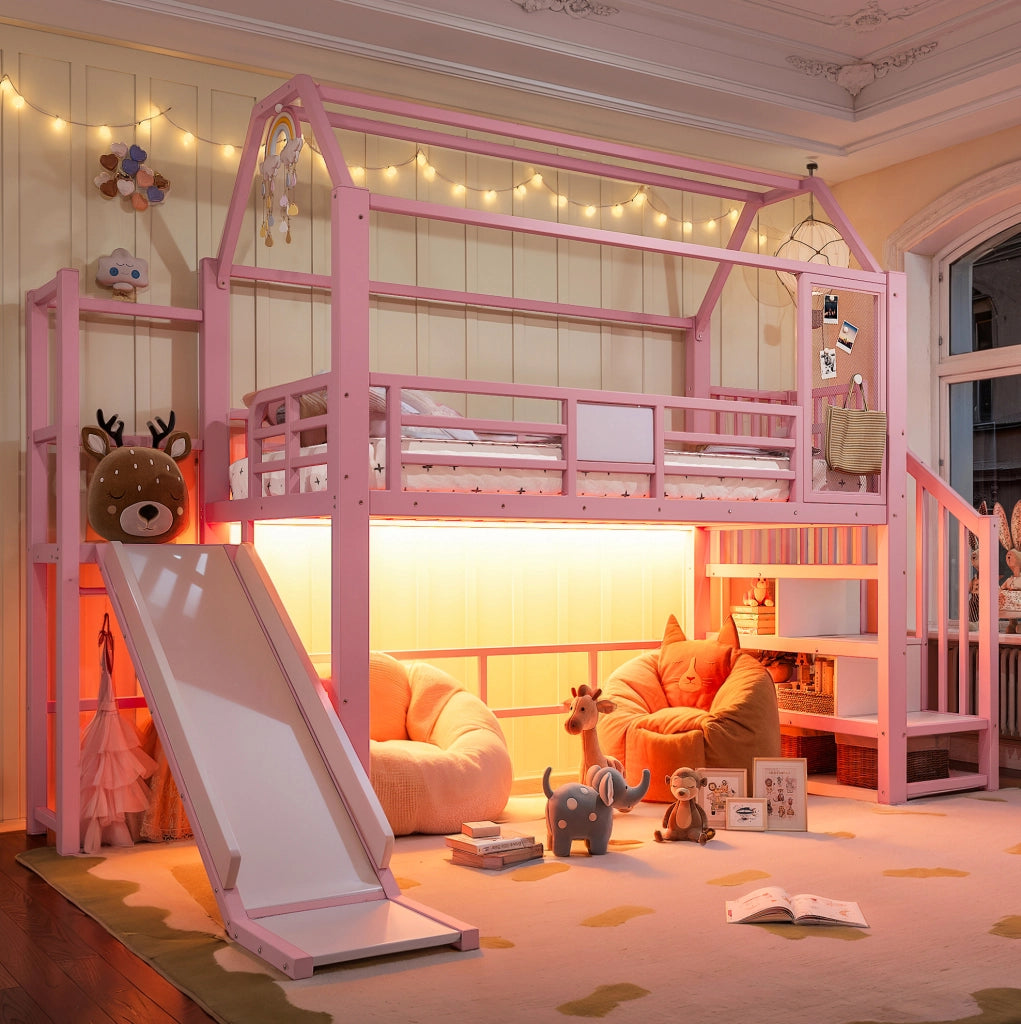 Letto a soppalco rosa per bambini con scivolo e scala