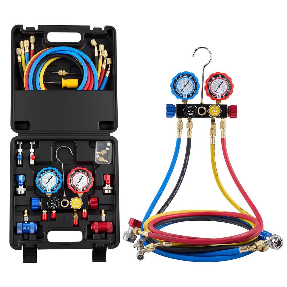 Kit Manometro Diagnostico a 4 Vie per Refrigerante R134a R1234yf R404A R22 WZ-J402(SS), Tubo 1,5 m con Custodia Portatile per Aria Condizionata Auto e Casa