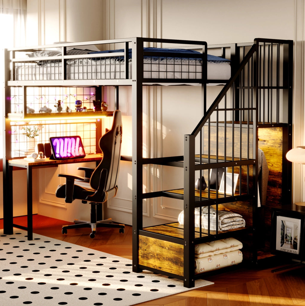 Letto a soppalco in metallo 90x200 cm con scrivania, LED, prese e scala contenitore, nero