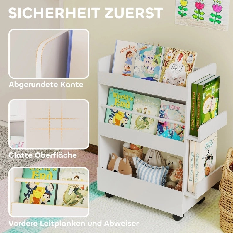 Libreria per bambini 66,5x32,5x86,5 cm in MDF bianco con lavagna e ruote