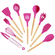 Set di accessori da cucina, 10 pezzi, in silicone, con manici in legno, colore rosa