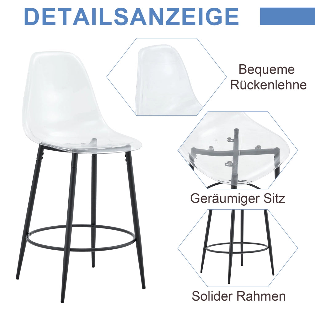 SGABELLO da bar 66 cm in plastica trasparente e metallo nero, set da 2 pezzi