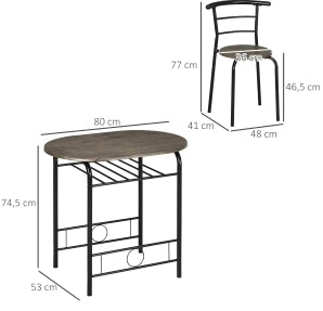 Set Bistro con Tavolo da Pranzo e 2 Sedie, 80x53x74,5 cm, Nero, Design Compatto con Ripiano