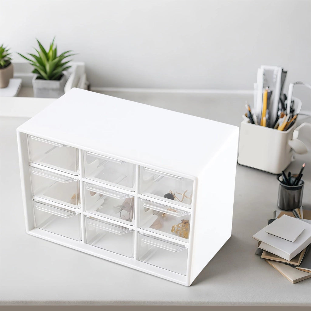 Contenitore con 9 cassetti, set da 6, 18x12x10 cm, bianco