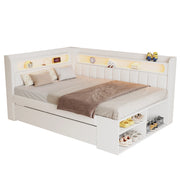 Letto singolo imbottito 90x200 con USB e LED; bianco in lino e MDF; con cassetti e scarpiera per cameretta