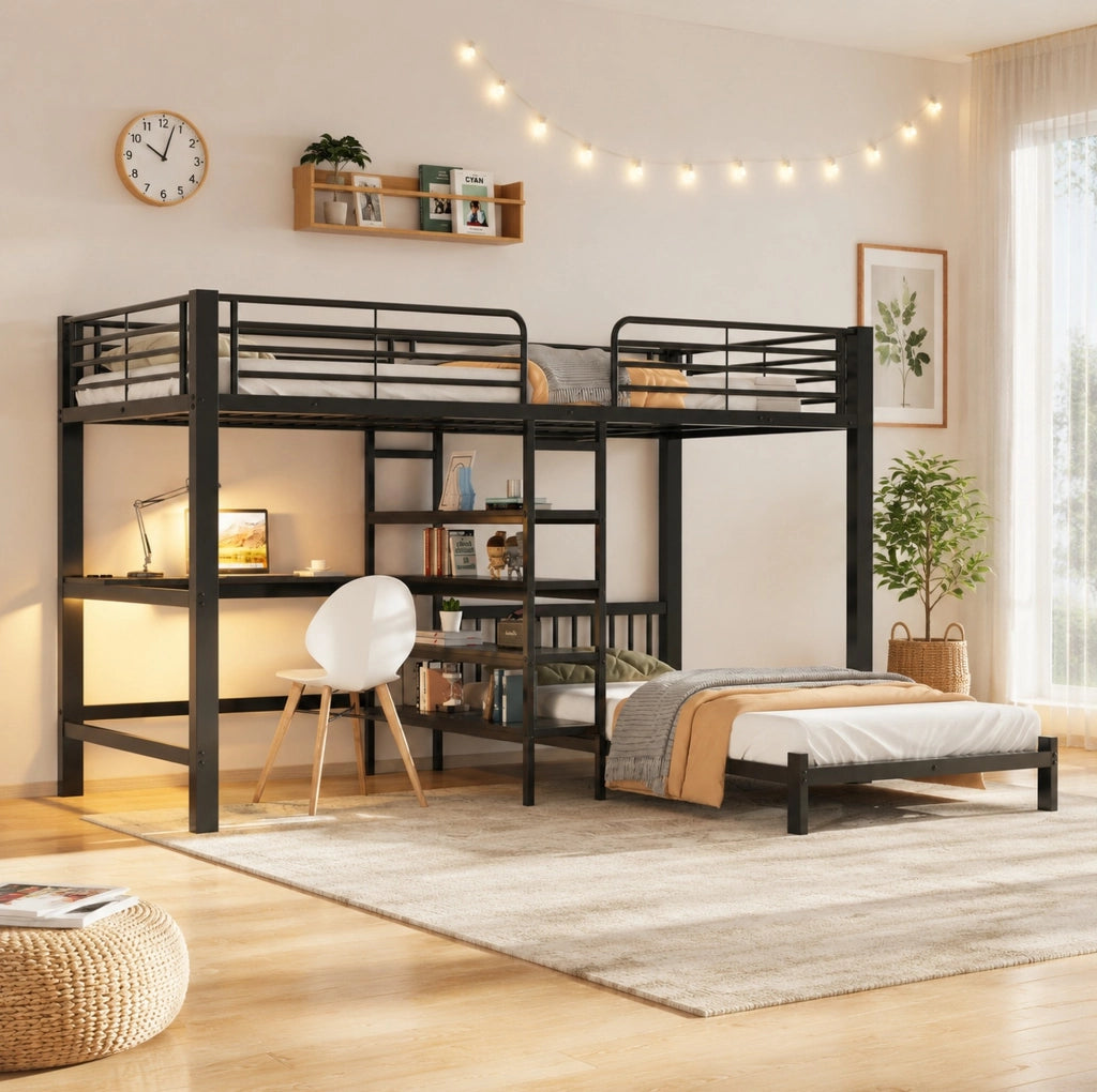 Letto a soppalco IVMEU con 2 posti letto 90x200 cm, scrivania a L, scala contenitore e prese USB e Type-C, nero