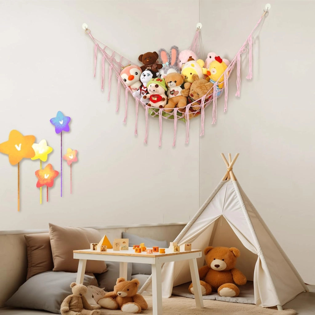Rete porta-peluche, 2 pezzi, in macramè, rosa, 100x100x140 cm