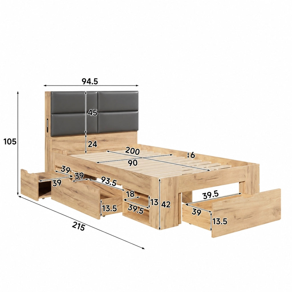 Letto singolo 90x200 cm con cassetti e comodini estraibili; in MDF color naturale per cameretta