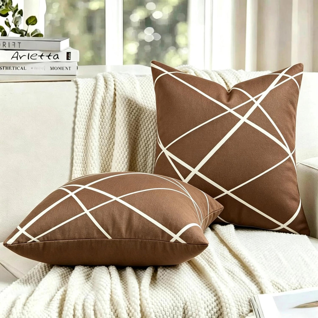 Coperte per cuscini in velluto, 45x45 cm, color marrone e bianco, set da 2, morbide, motivo geometrico