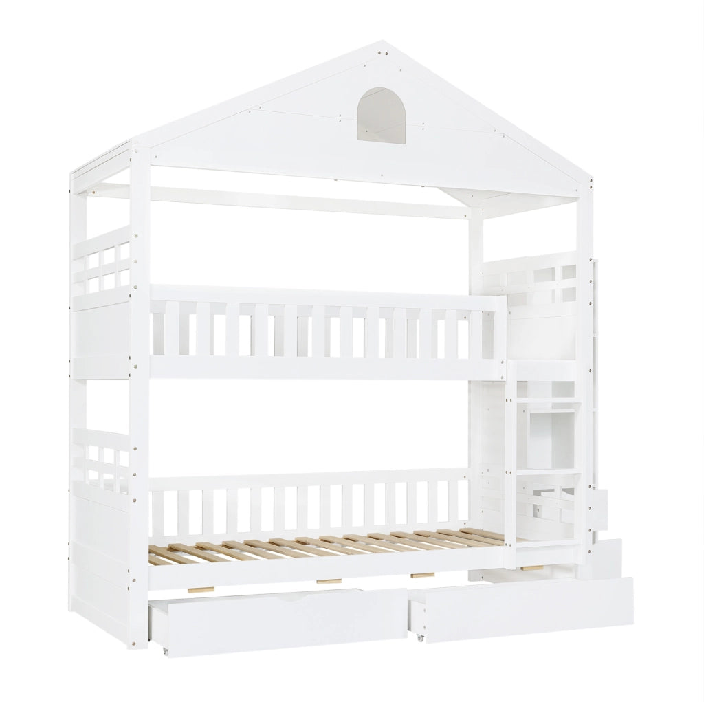 Letto a castello a casetta 90x200 cm bianco con cassetti