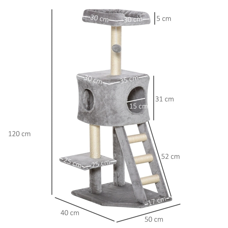 tiragraffi ad albero 120 cm grigio chiaro in peluche con cuccia, piattaforme e sisal