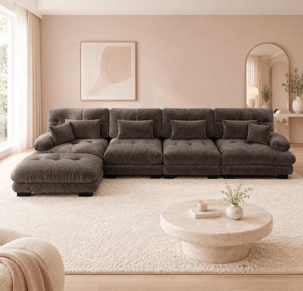 DIVANO Modulare in chenille marrone con pouf mobili