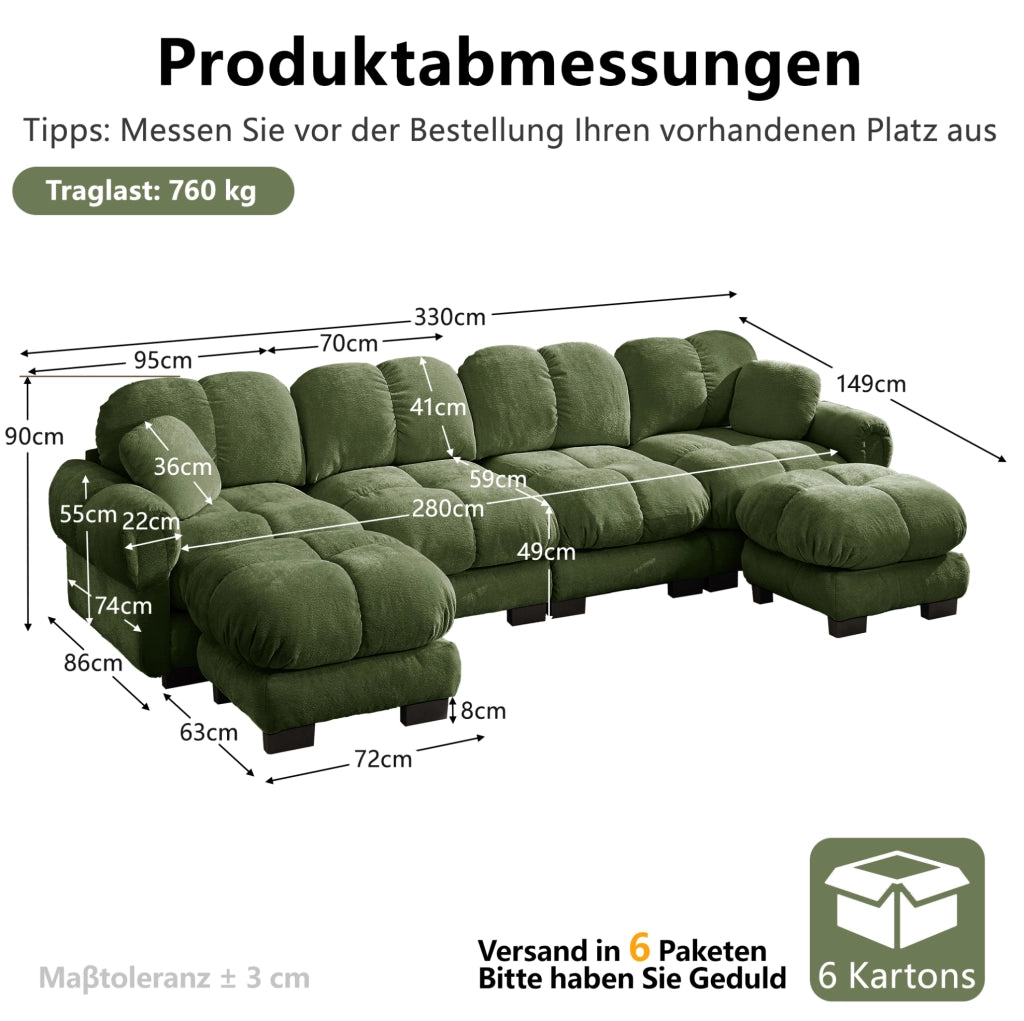 Divano modulare in ciniglia verde con pouf mobili