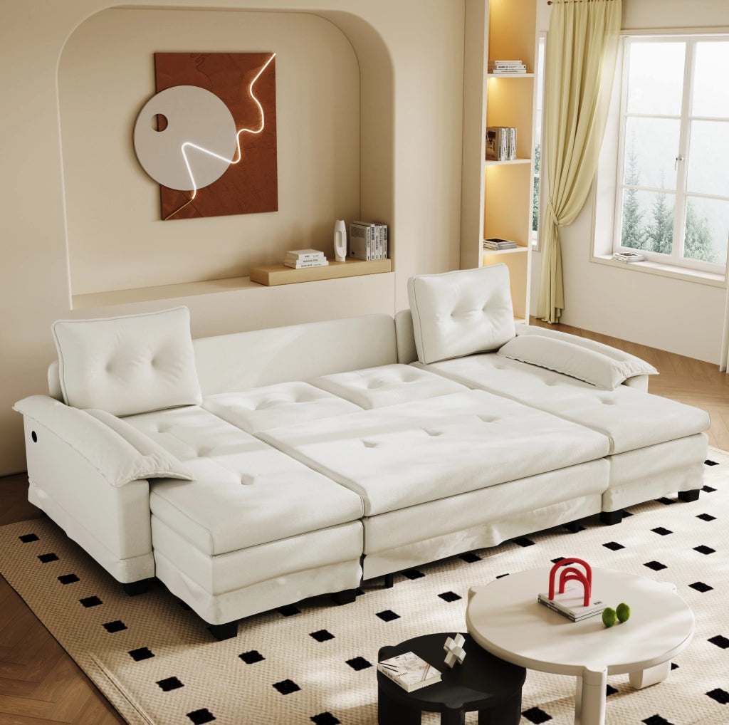 Divano letto modulare a U 278 cm in ciniglia beige con USB