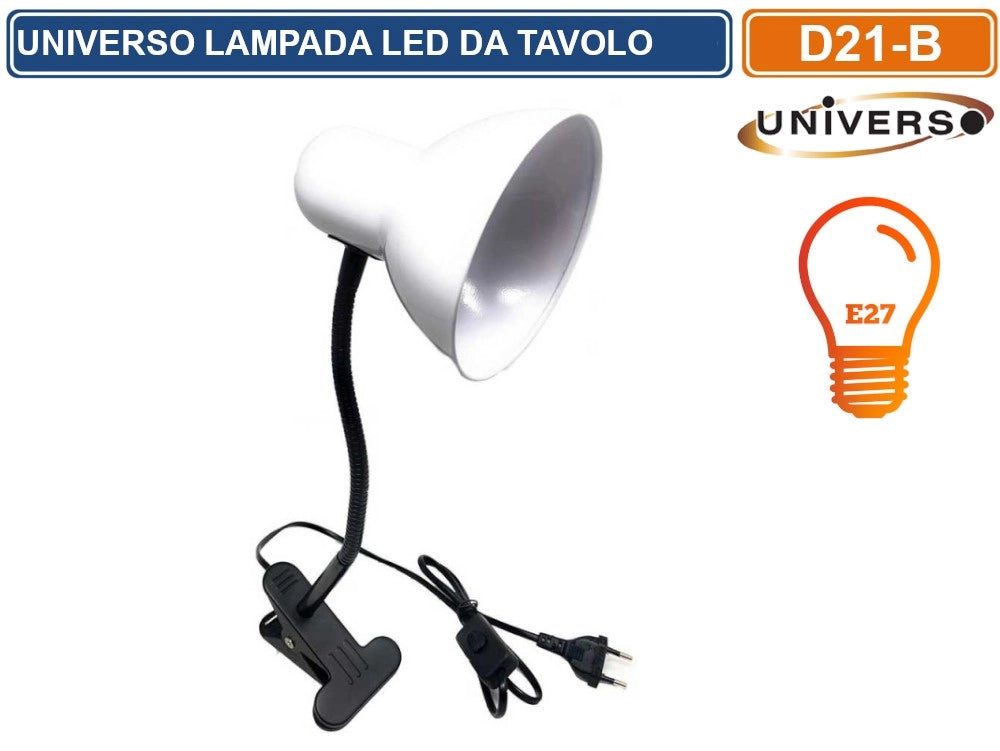 LAMPADA DA TAVOLO CON CLIPS DI FISSAGGIO E BRACCIO FLESSIBILE ATTACCO E27 DISPONIBILE CON COLORI ASSORTITI - Colore Struttura:Bianco