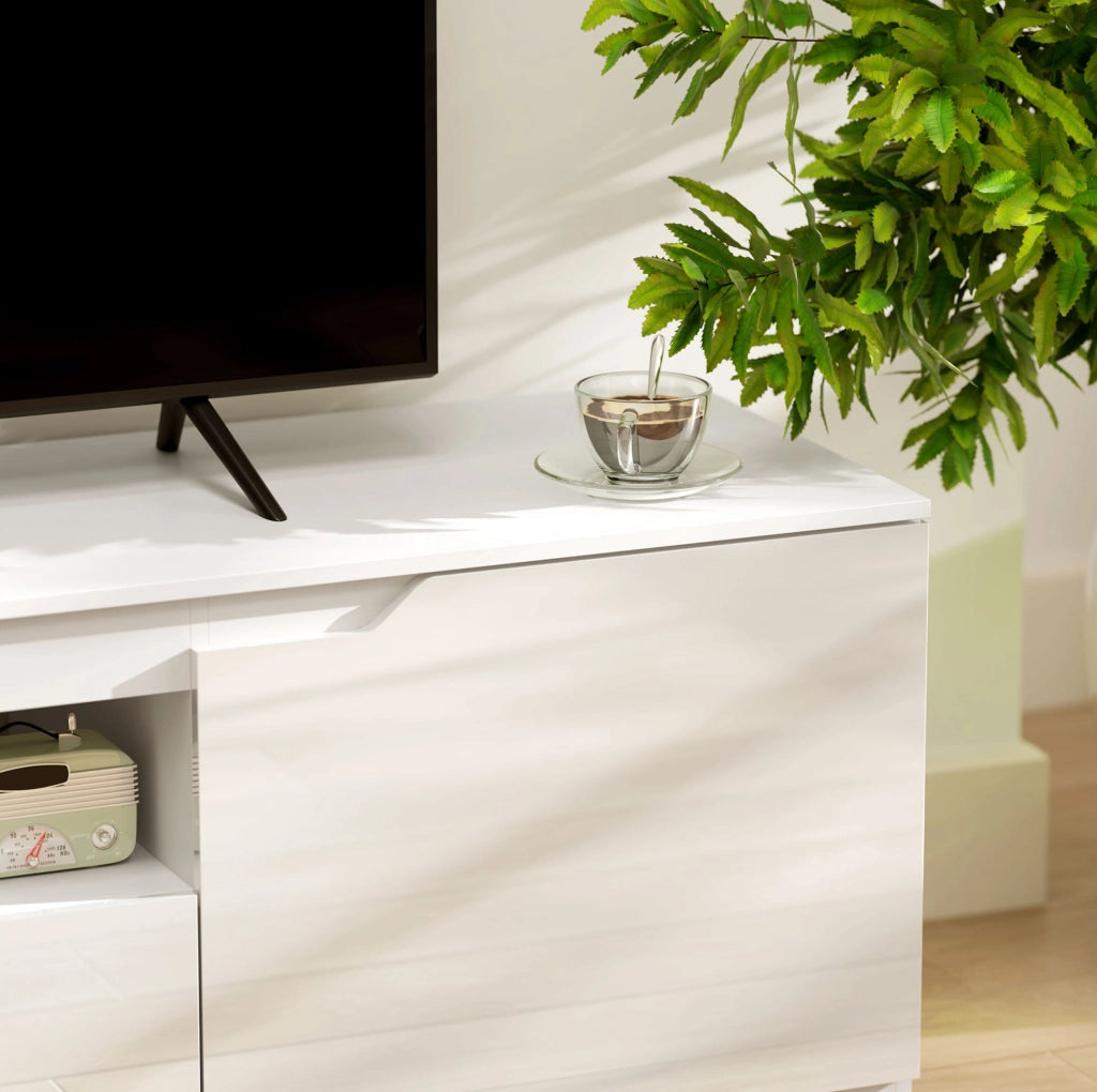Mobile TV basso 160 cm in legno bianco con 2 ante, cassetto e passacavi