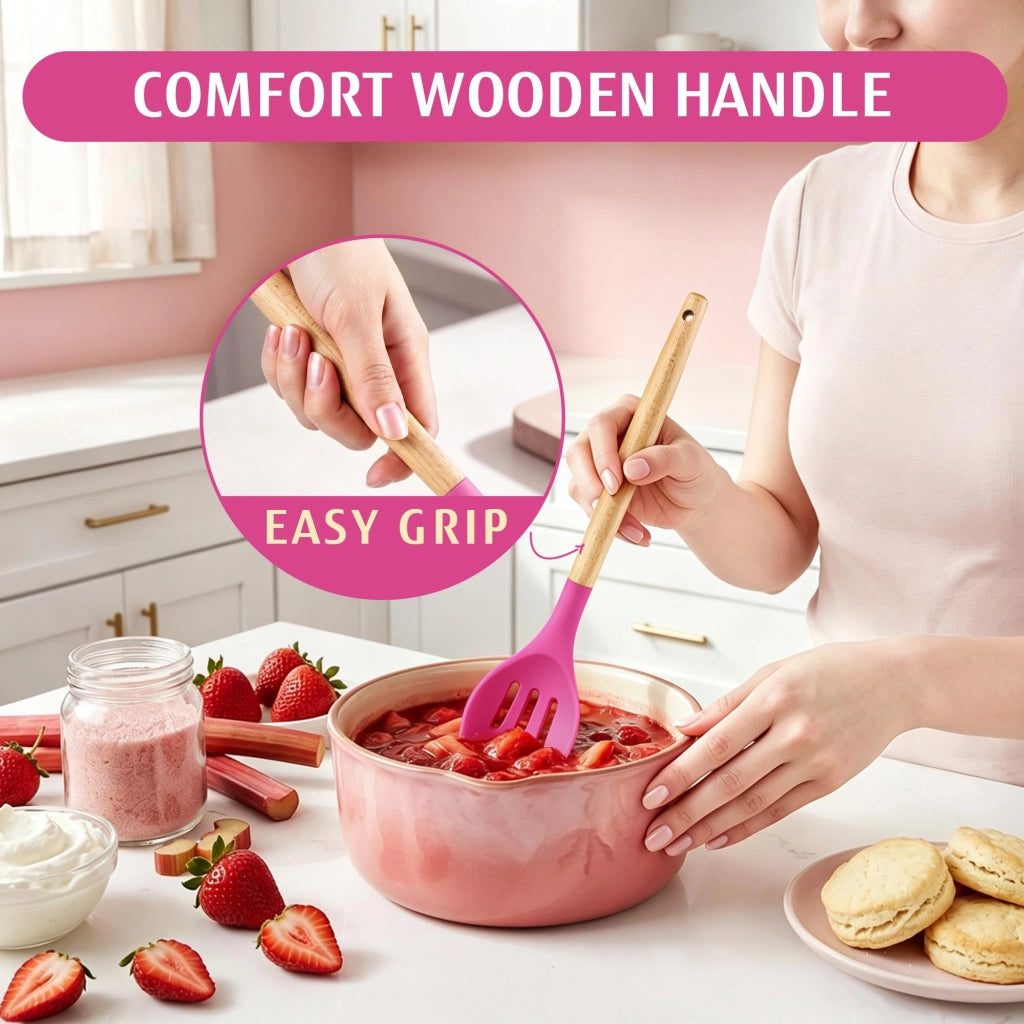 Set di accessori da cucina, 10 pezzi, in silicone, con manici in legno, colore rosa