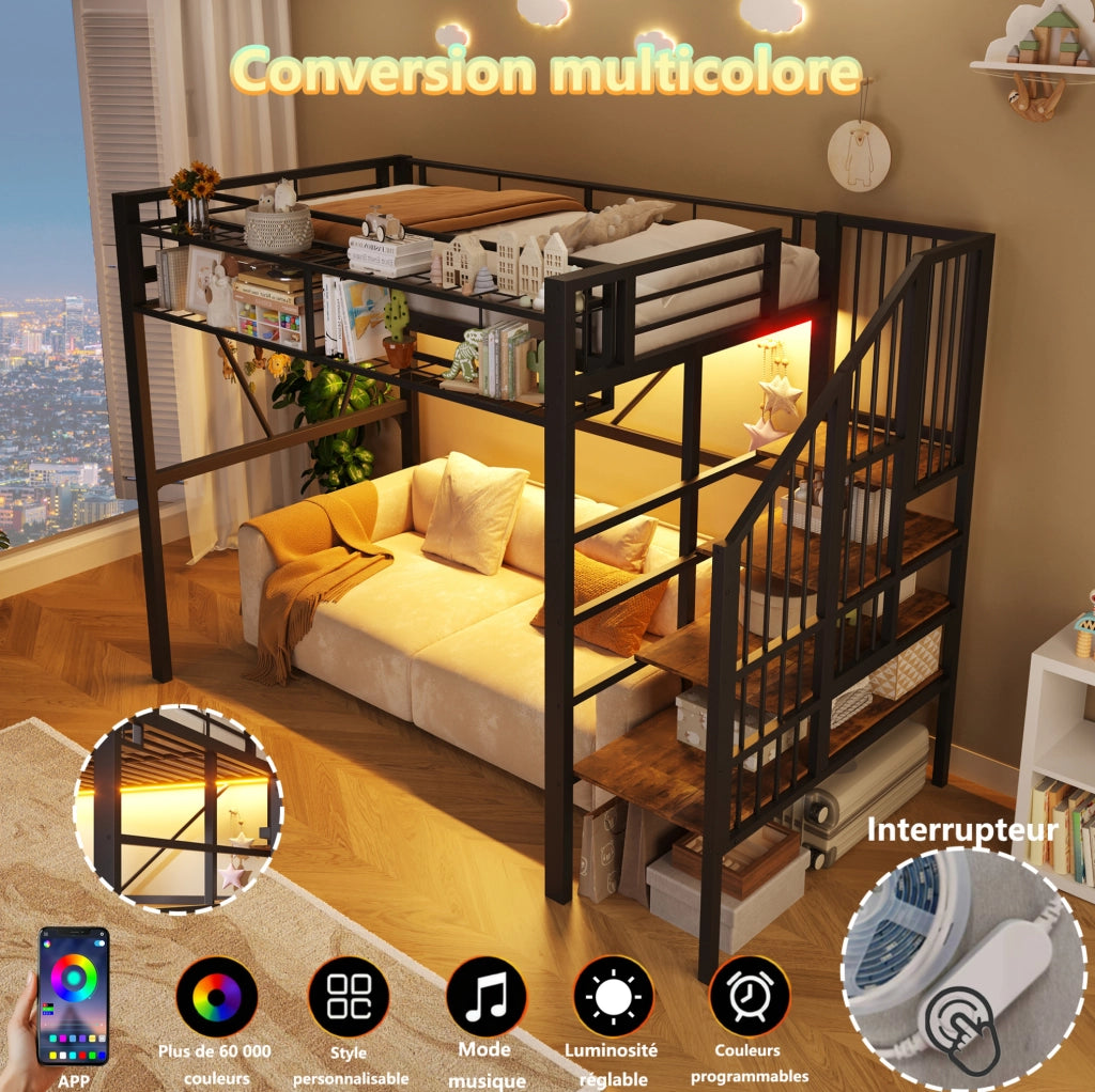 Letto a soppalco 90 × 200 cm con scala a ripiani; LED regolabile; metallo e MDF; nero
