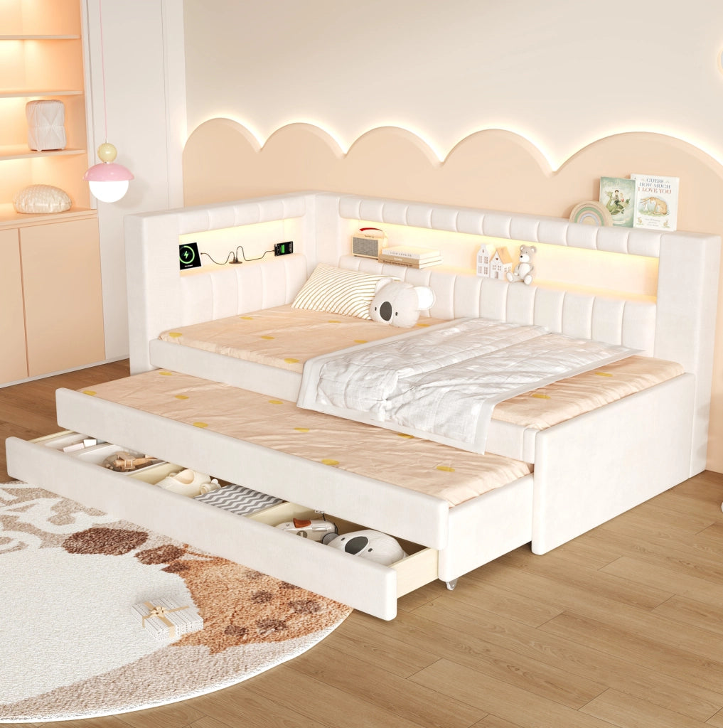 Letto divano imbottito 90 x 200 cm con letto estraibile, 3 cassetti, LED e USB, bianco