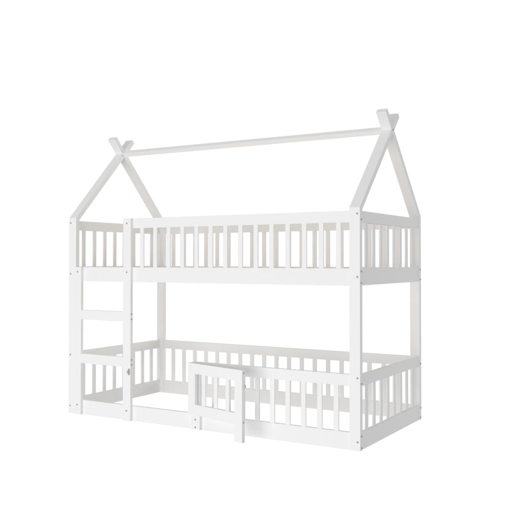 Letto a Castello per Bambini 90x200 cm in Legno Massiccio Bianco con Scaletta e Design a Soppalco
