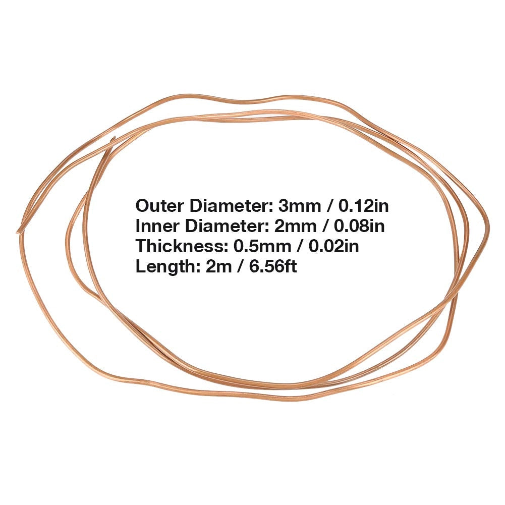 Tubo di rame, morbido, diametro esterno 3 mm, diametro interno 2 mm, lunghezza 2 metri, spessore della parete 0,5 mm