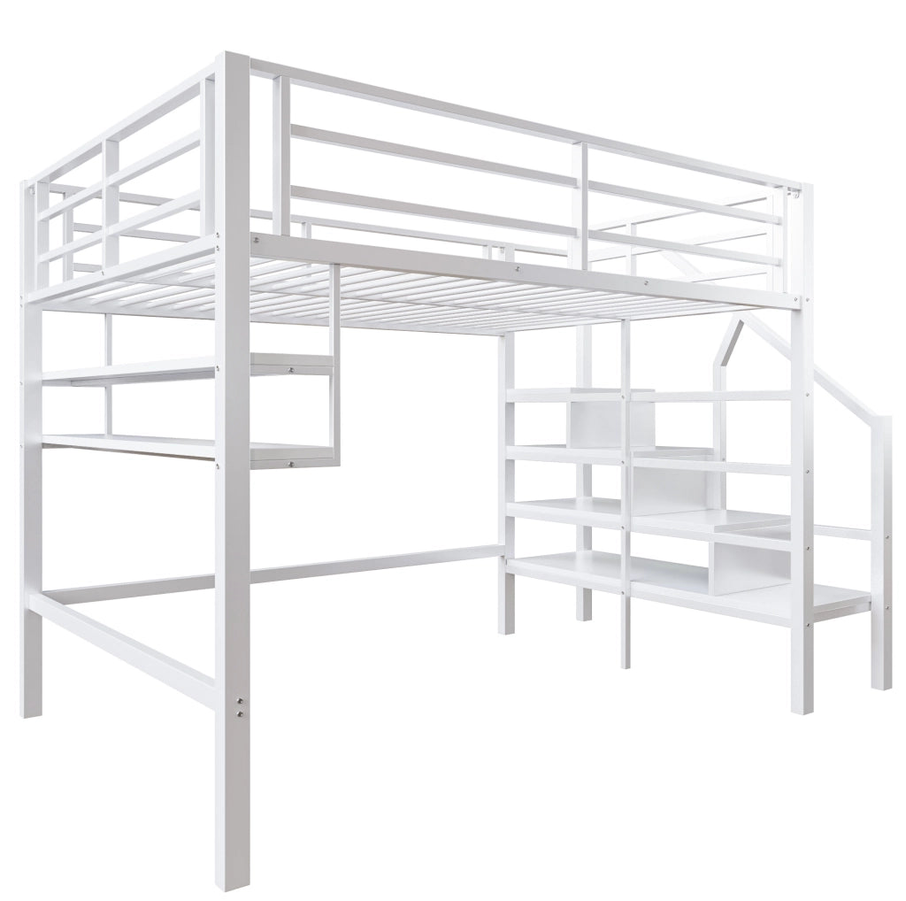 Letto a soppalco per bambini 140x200 cm; con scala contenitore e ripiani; in metallo e MDF bianco; senza materasso