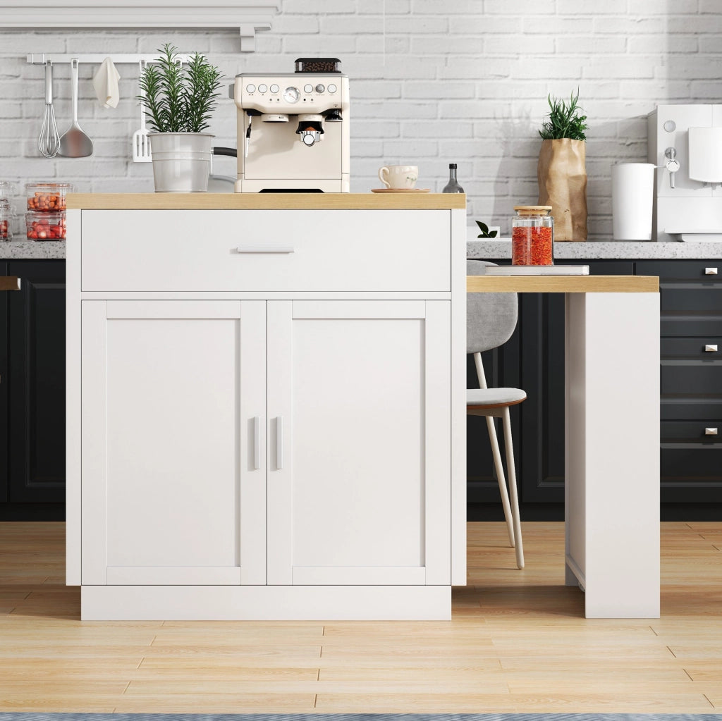 Isola cucina bianca con tavolo estraibile, prese USB e vani