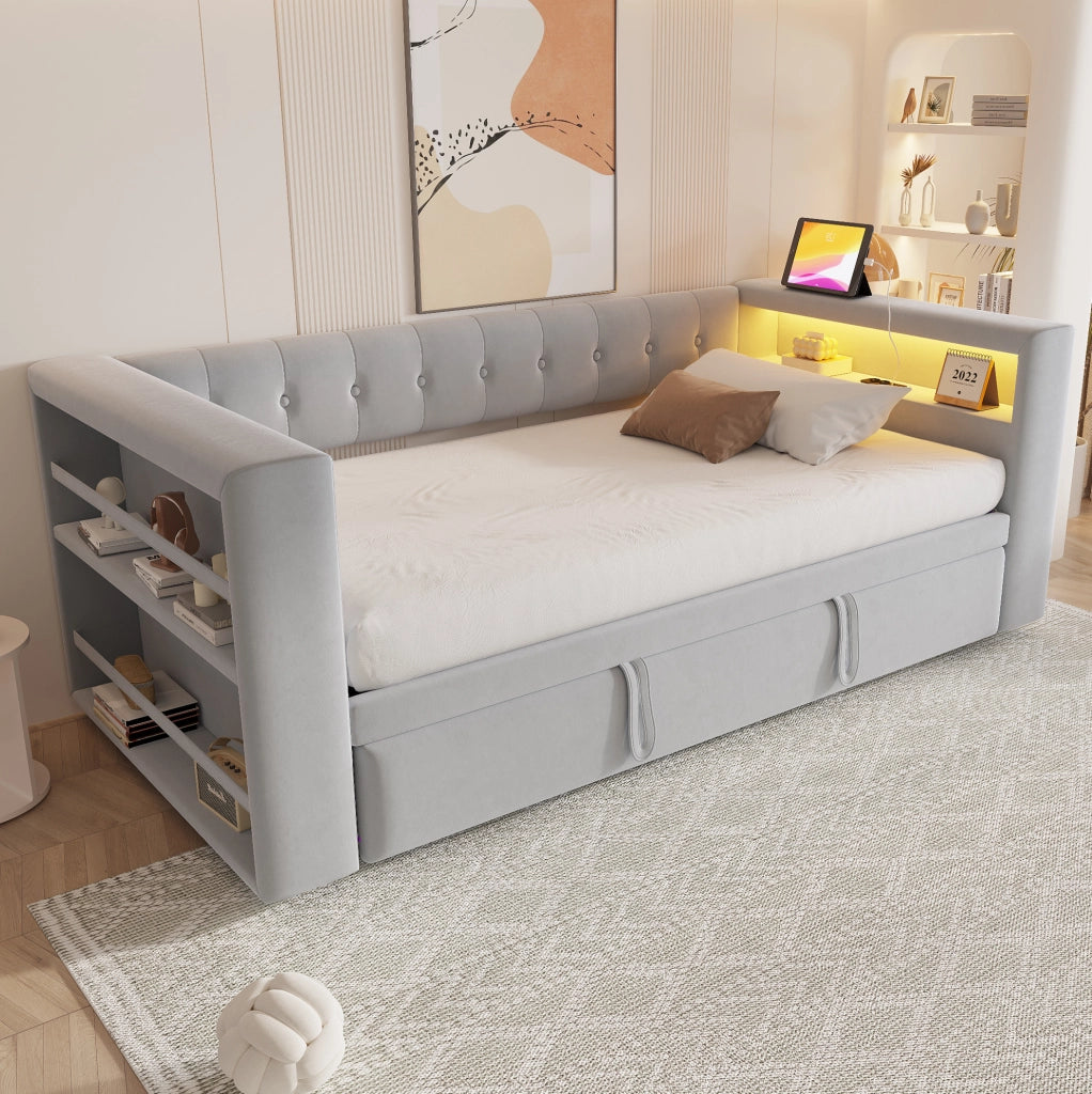 Divano letto multifunzionale 90/180x190 cm con LED, prese e vano contenitore, grigio chiaro