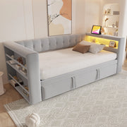 Divano letto multifunzionale 90/180x190 cm con LED, prese e vano contenitore, grigio chiaro