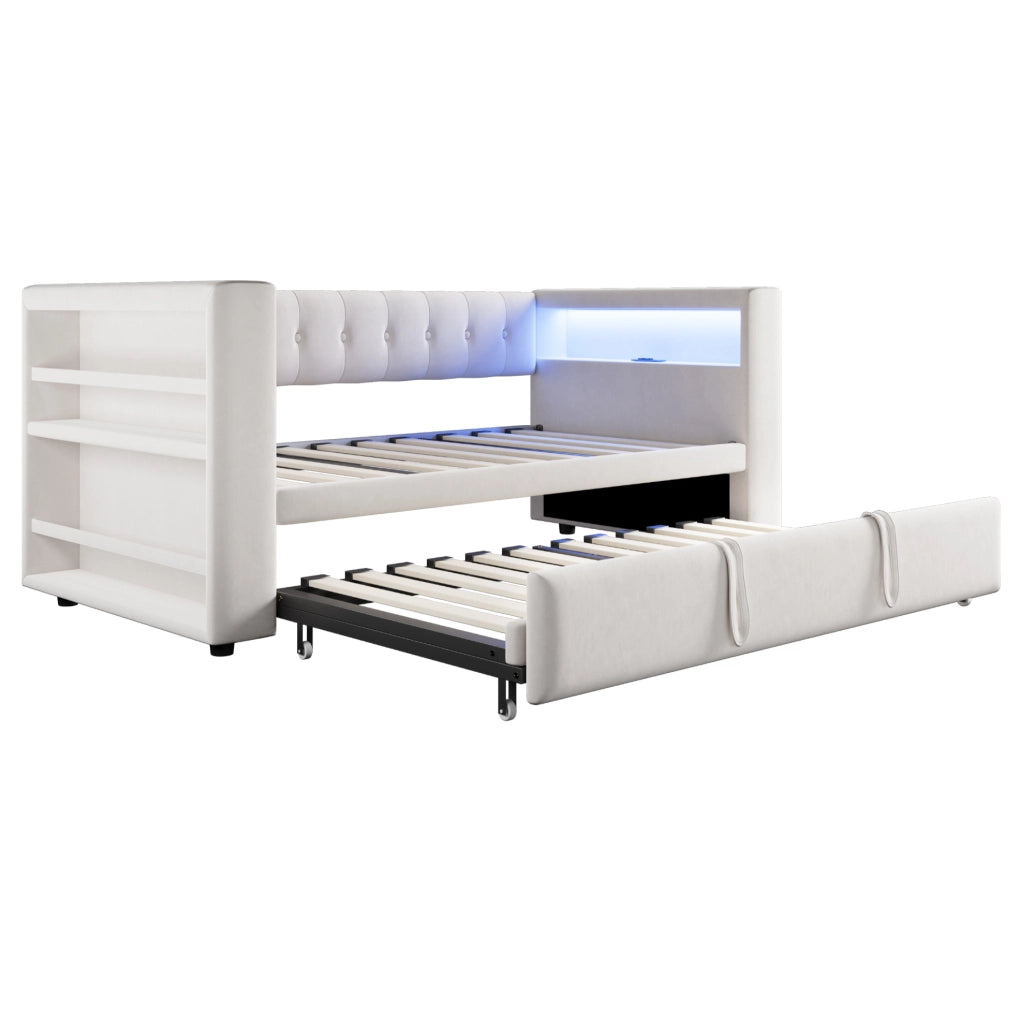 Divano letto multifunzionale 90/180x190 cm con LED e presa in flanella beige