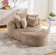 Poltrona rotonda con poggiapiedi in chenille cammello e marrone