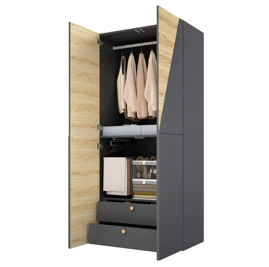 Armadio 90 x 50 x 200 cm con appendiabiti, portapantaloni e 2 cassetti
