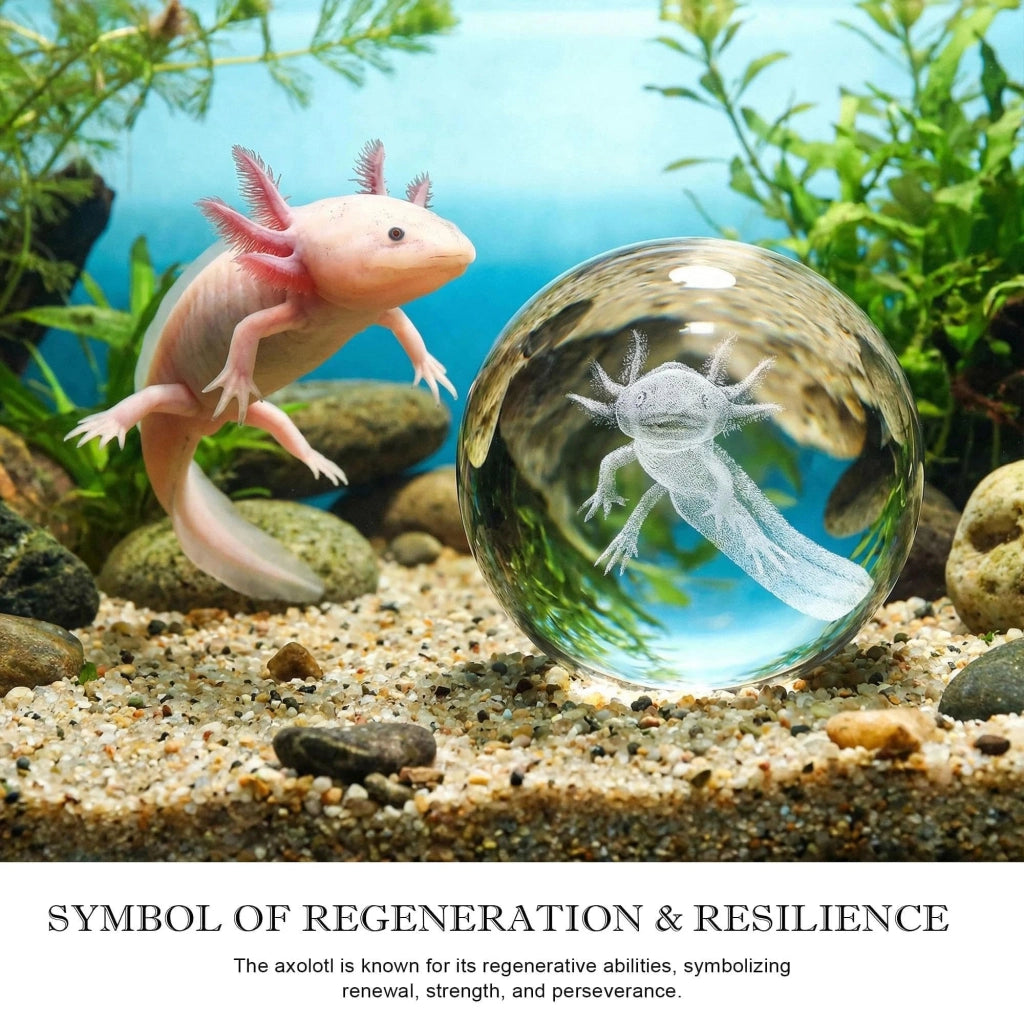 Axolotl, sfera di cristallo da 60 mm, sfera di vetro con incisione laser 3D e supporto