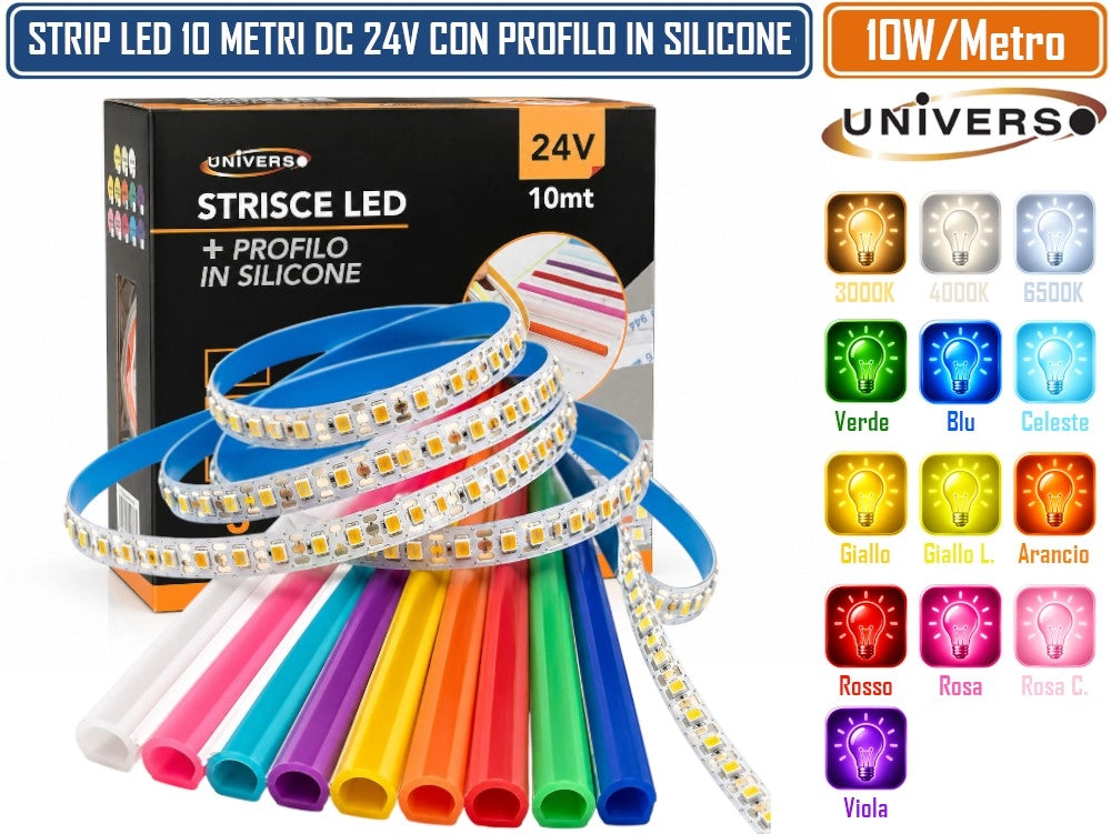 UNIVERSO STRIP LED 10 METRI CON PROFILO IN SILICONE COLORATO 24V DC 10W/M 120 LED/M SMD IP20 TAGLIABILE - Colore Luce:Bianco Naturale
