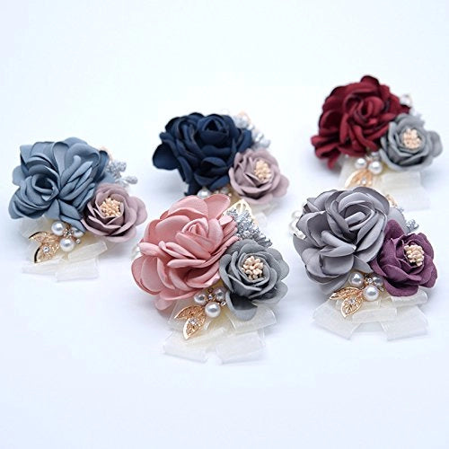 Fiore da polso con rose satinate, color champagne, 10 x 8 cm