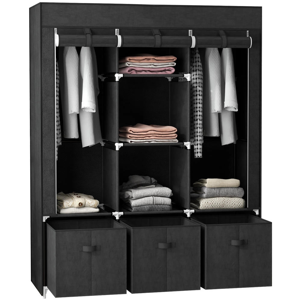 Armadio guardaroba in tessuto pieghevole salvaspazio con 3 cassetti in TNT nero 125 cm x 43 cm x 162,5 cm